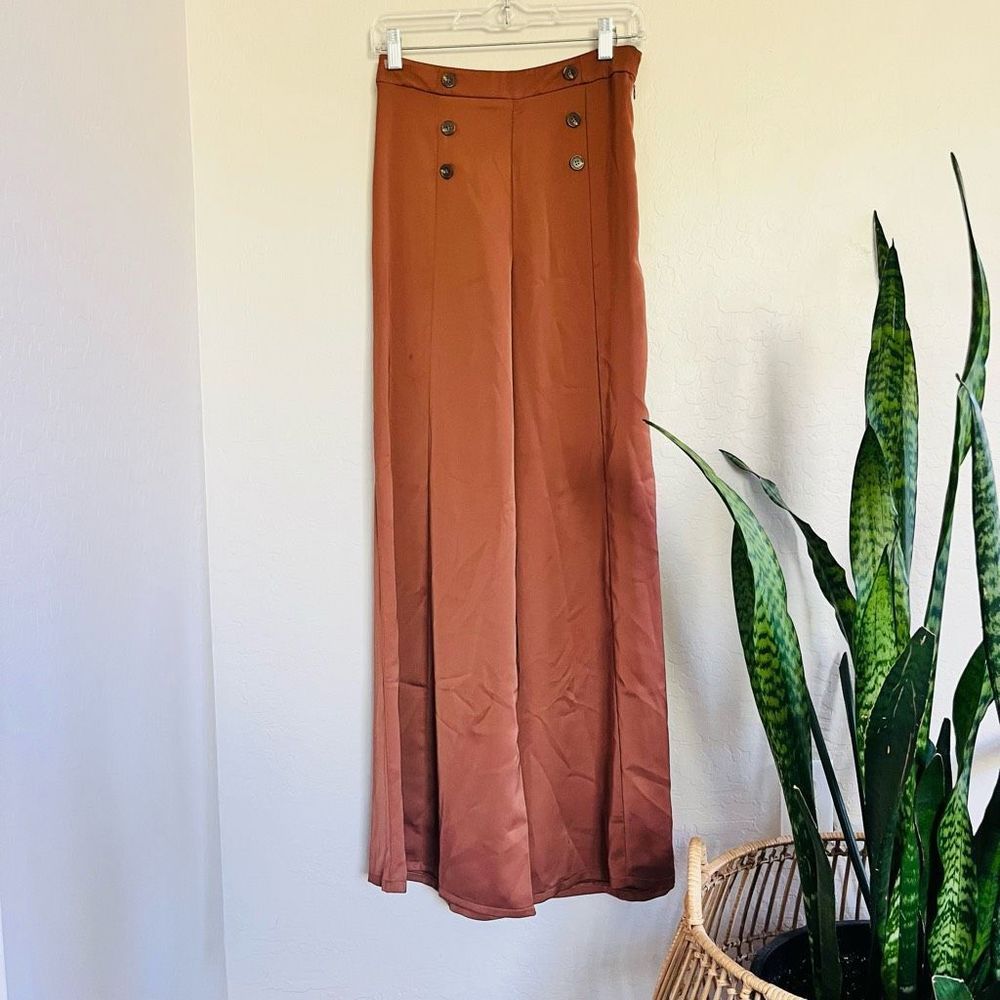 June & Hudson pants| Tailored high waist wide leg brown satin feel wide leg pant